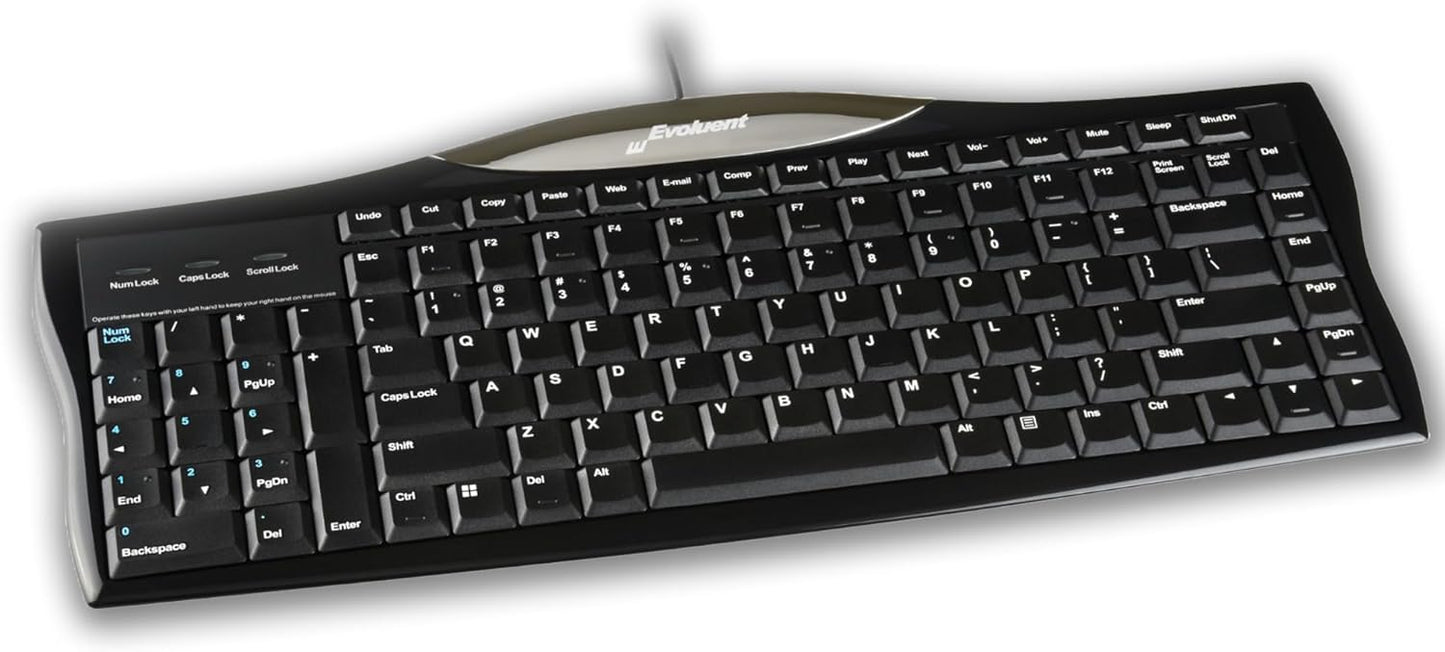 Evoluent R3K Reduced Reach Right-Hand Keyboard – Wired USB Compact with Numeric Pad, Ergonomic Computer Keyboards for Comfortable Typing, Black Full-Size PC Keyboard with One-Touch Shortcut Keys