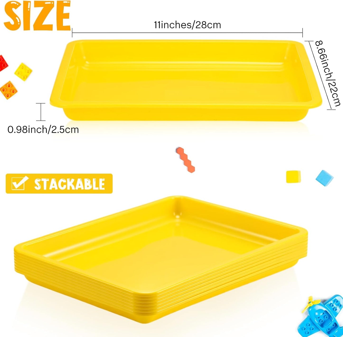 Maitys 24 Pcs Plastic Art Trays 11 x 8.7 x 1 Inch Activity Craft Tray Organizer Serving Tray Stackable Storage Sand Trays for School Painting Beads Crafts DIY Projects(Yellow)