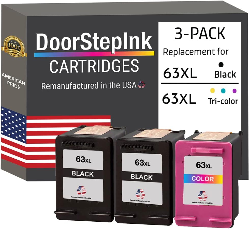 DoorStepInk Remanufactured in The USA Ink Cartridge Replacements for HP 63XL 63 XL 2 Black F6U64AN 1 Color F6U63AN for HP Envy 4523 4524 4516 HP Officejet 5255 5258 3834 HP DeskJet 2136 3638 3637