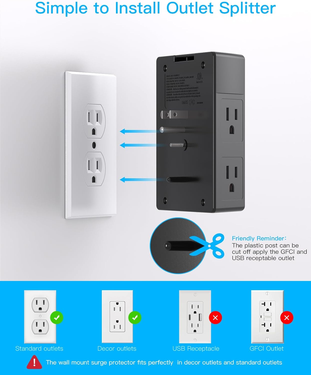 Surge Protector, 5 Outlets Extender with 4 USB Ports(USB C PD30W), 3-Side 1680J Power Strip Multi Plug Outlet Expander, USB Wall Charger, Outlet Splitter Adapter Wall Mount for Home Office(Black)