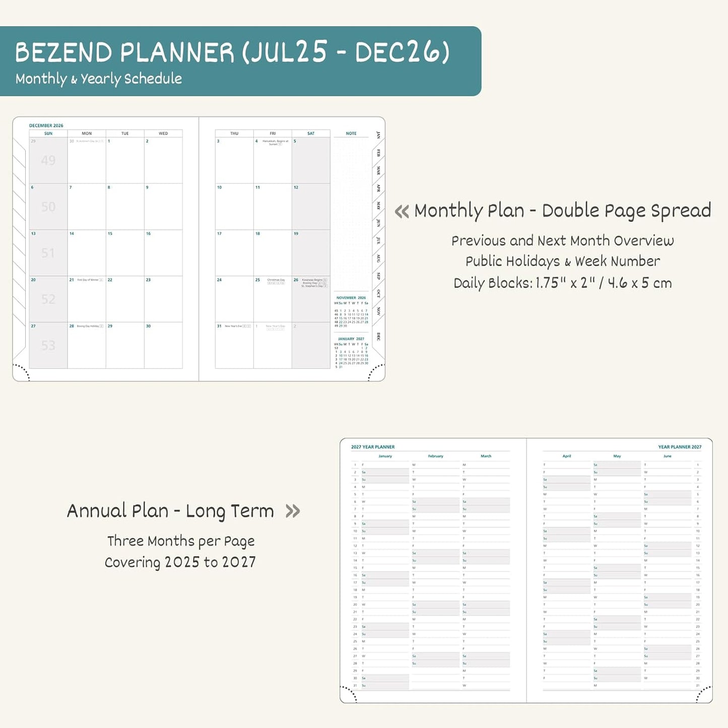 BEZEND Planner 2025-2026 Weekly and Monthly, 8.5" x 11" Academic Calendar (Jul 25-Dec 26) Vertical Daily Appointment with Hourly Timeslot & Monthly Tab, PU Leather Hardcover - Cornflower