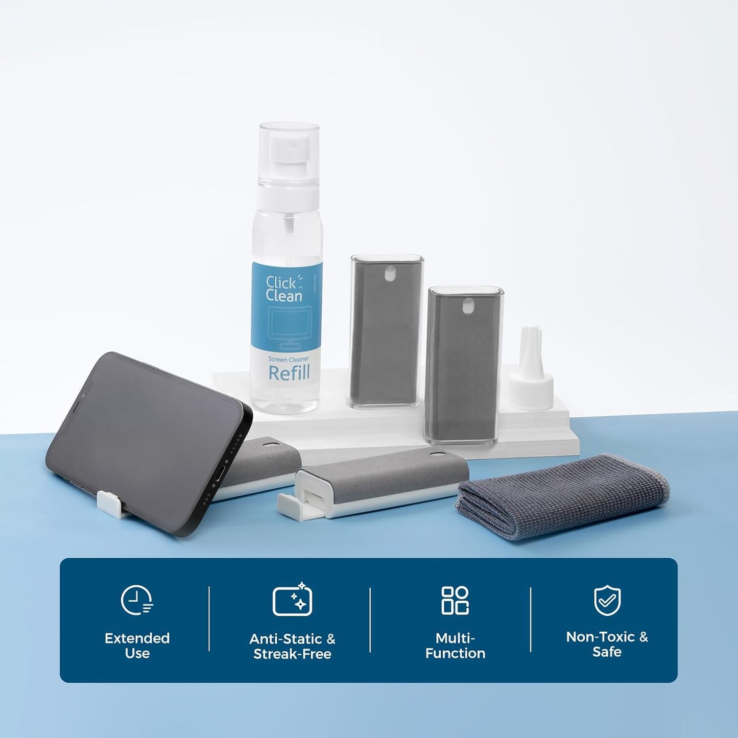 Click Clean Screen Cleaner Kits - 4 All-in-One Mist Cleaner with 4 oz Refill, 1 Microfiber Cloth(7.8 x 7.8in), 1 Mini Funnel, and 1 Sprayer - for All Phones, Laptop and Tablet Screens