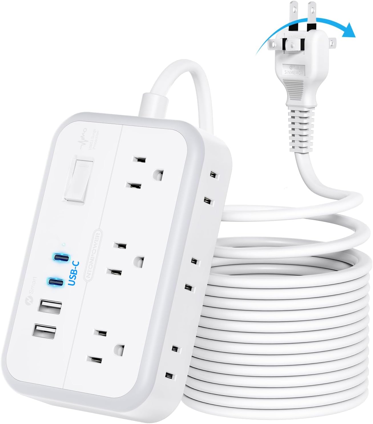 NTONPOWER 2 Prong Extension Cord 25 FT, 1080 Joules Surge Protector Power Strip with 6 Outlets 4 USB Ports(2 USB C), 1875W Three Prong to Two Prong Adapter, Rotating Flat Plug, Ideal for Old House