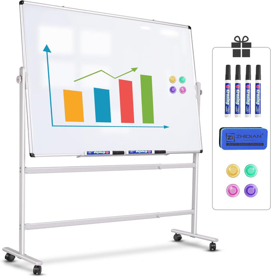 Rolling White Board 36x24 in, Dry Erase Board with Stand, Double-Sided Magnetic Mobile Whiteboard, Height-Adjustable for Office Classroom and Home