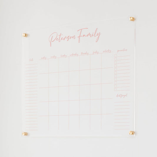 Personalized Clear Acrylic Calendar for Wall, Calendar Whiteboard for Wall, Dry Erase Wall Calendar, Wall Calendar Organizer System for Home (Cursive, Blush, 31"W x 23"H)
