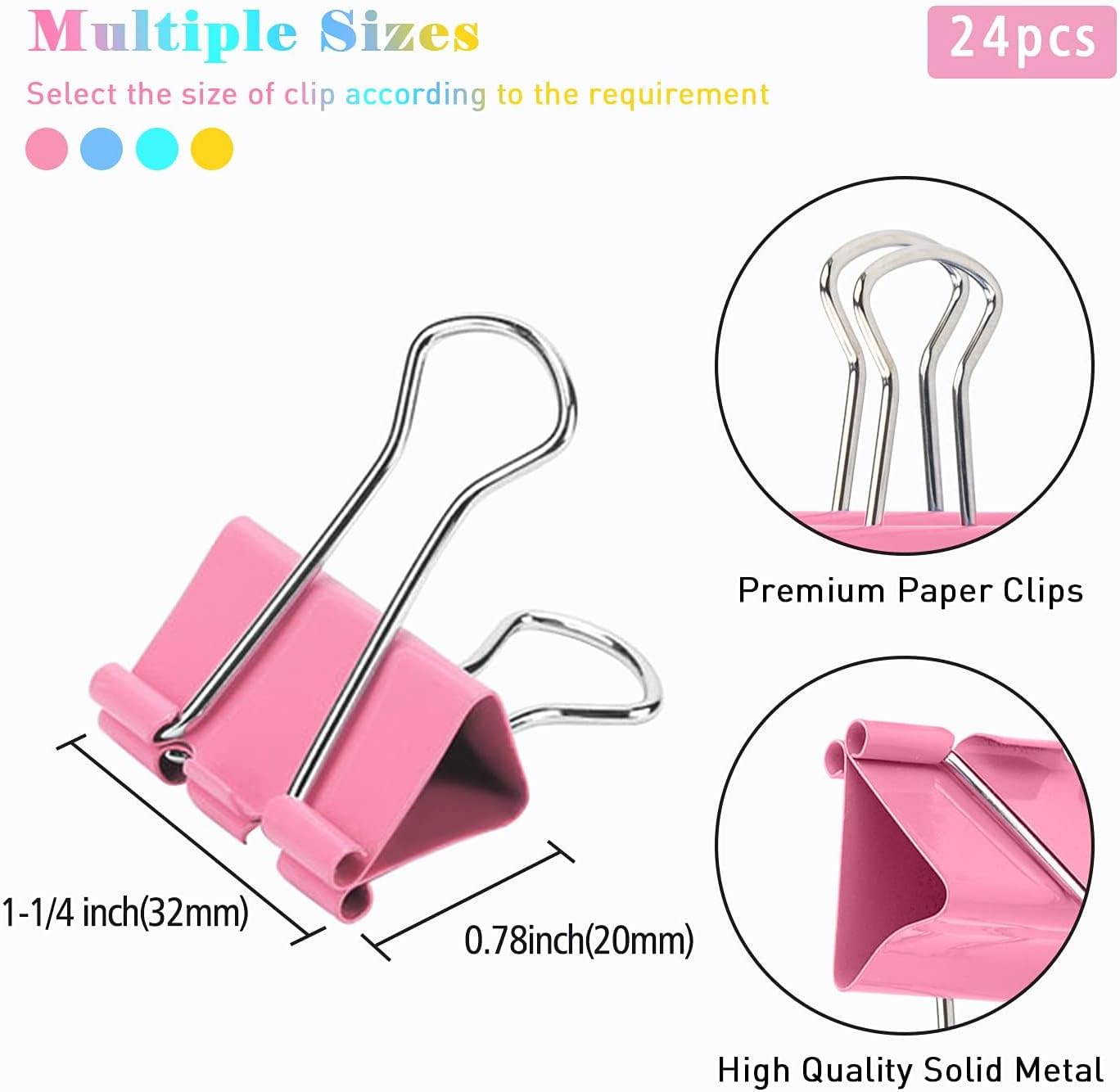 Medium Binder Clips, 24 Pack, 1-1/4 Inch, 1.25 Inch, Standard 32mm, Colorful, Capacity 0.6 Inch, Metal Paper Clips, Fold Clamp, Office Clips, School & Home Use