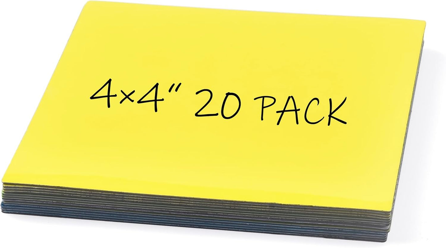 Realth Magnetic Dry Erase Tags Yellow (4'' × 4'' 20 Pcs), Dry Erase Magnetic Labels, Blank Reusable Magnet Stickers, Magnets for Whiteboard, Washable Magnetic Sheets for Classroom Fridge Office