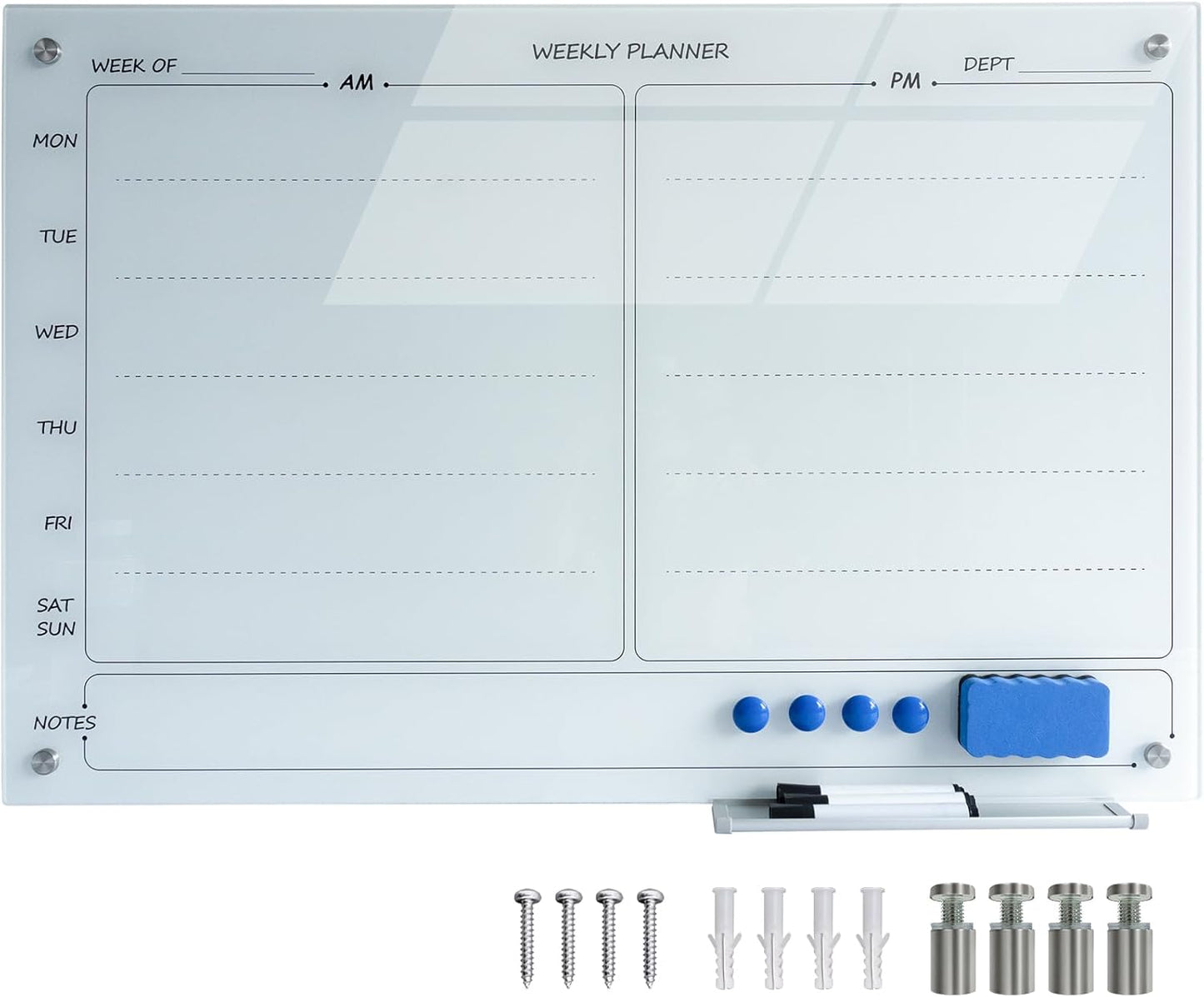 Magnetic Planner Writeboard 24"X36" Weekly Glass Calendar Ultra White Glassboard Premium Tempered Dry Erase Boards Frameless Wall Mounted (Ultra White)