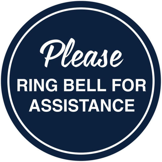Signs ByLITA Circle Please Ring Bell For Assistance Wall or Door Sign | Easy Installation | Front Desk Reception Sign (Navy Blue/White) - Medium (2 Pack)