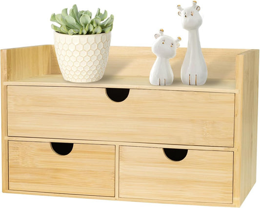Bamboo Desk Organizer, Desktop Organizer with 3 Drawer, Tabletop Storage Organization Box for Bills, Countertop, Home Office Supplies