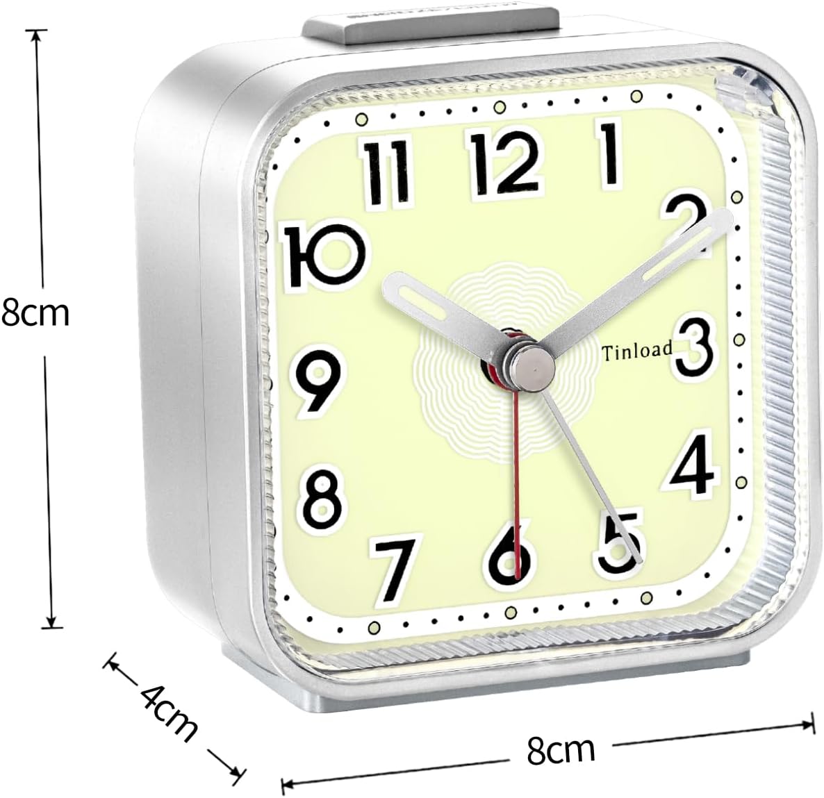 Small Analog Alarm Clock Silent Non Ticking, Ascending Beep Sounds, Snooze,Glow in Dark dial, Manual Light, Battery Operated(Silver)