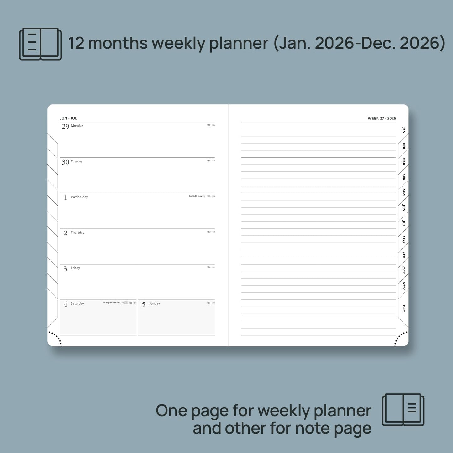 POPRUN Weekly Planner 2026 (Medium 6.5" x 8.5") Calendar 12 Months Notebook with Horizontal Layout, Leather Soft Cover, Monthly Tabs, Inner Pocket, 100GSM Thick Paper, Pen Holder - Cerulean Blue