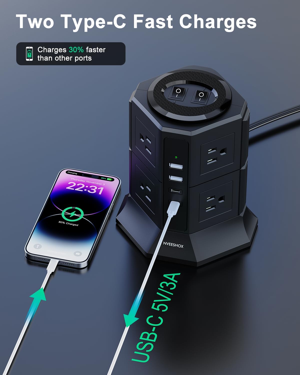 Surge Protector Power Strip Tower with 8 AC Outlets 4 USB Ports(2 Type C), 6.5 FT Ultra Flat Extension Cord, Flat Plug Power Strips Tower with Surge Protection for Home, Office, Dorm