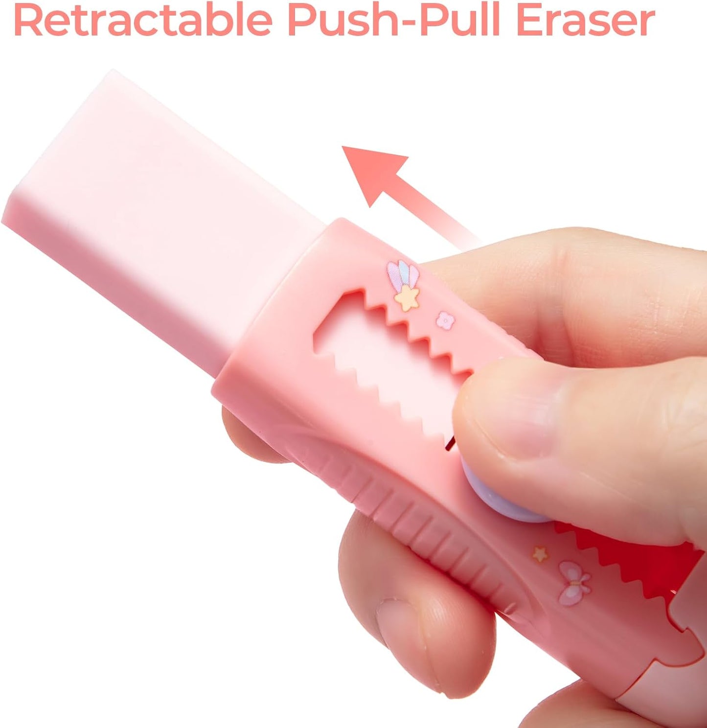 M&G 2+4 Pack Rubber Erasers Sliding Retractable Eraser, 2 Pack Cute Erasers Push Pull Large Pencil Eraser with Plastic Sleeve and 4 Refill Erasers for Students, School Office Supplies (Pink Unicorn)