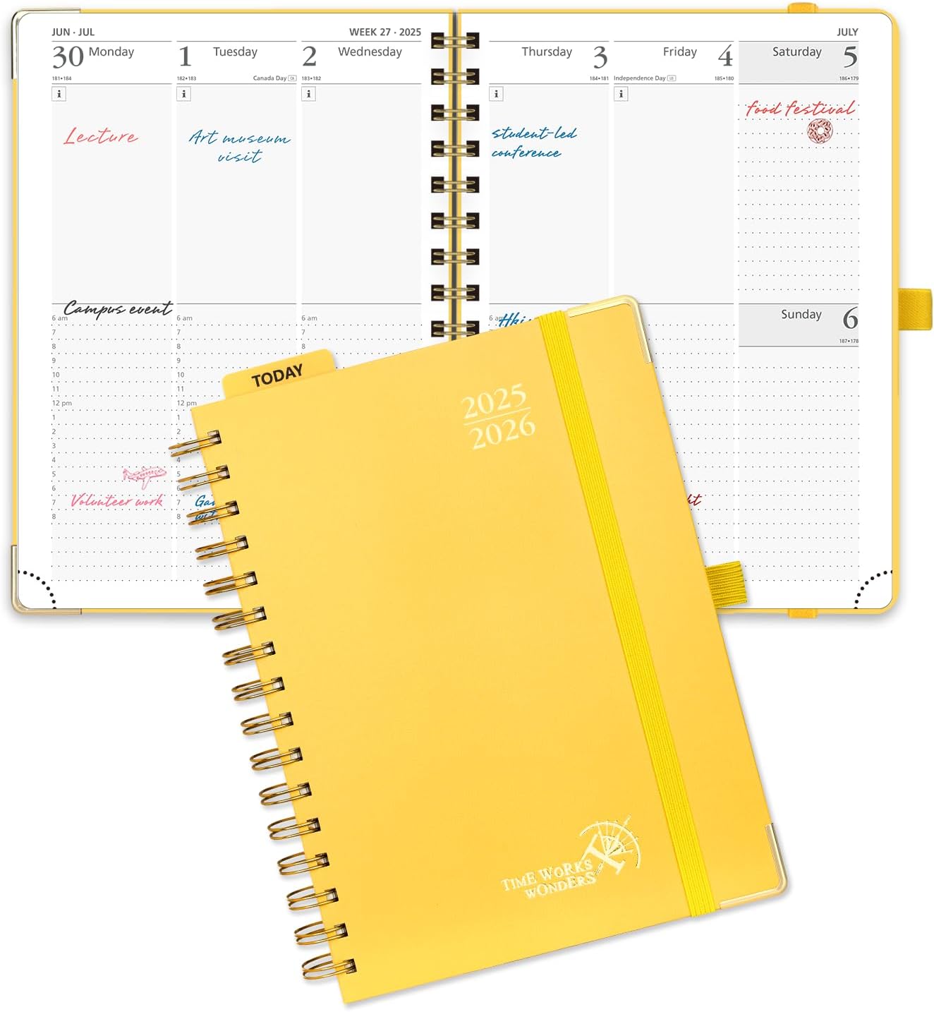 POPRUN Academic Planner 2025-2026 (July 2025-June 2026), Daily Weekly and Monthly Appointment Book (Wirebound Hard Cover - 6.25'' x 8.5'') with Hourly Time Slots, Tabs, 100 GSM - Light Yellow