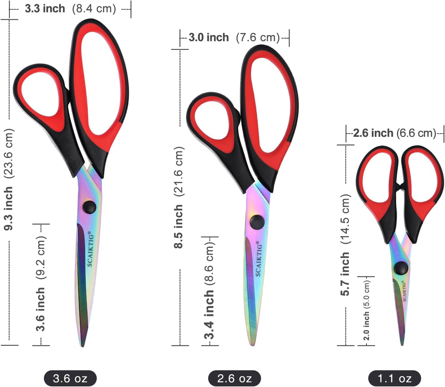 Craft Scissors Set of 3 Pack, All Purpose Sharp Titanium Blades Shears, Comfort Grip Handle, Multipurpose Fabric Scissors Tool Great for Adults, Office, Sewing, School and Home Supplies, Red&Black