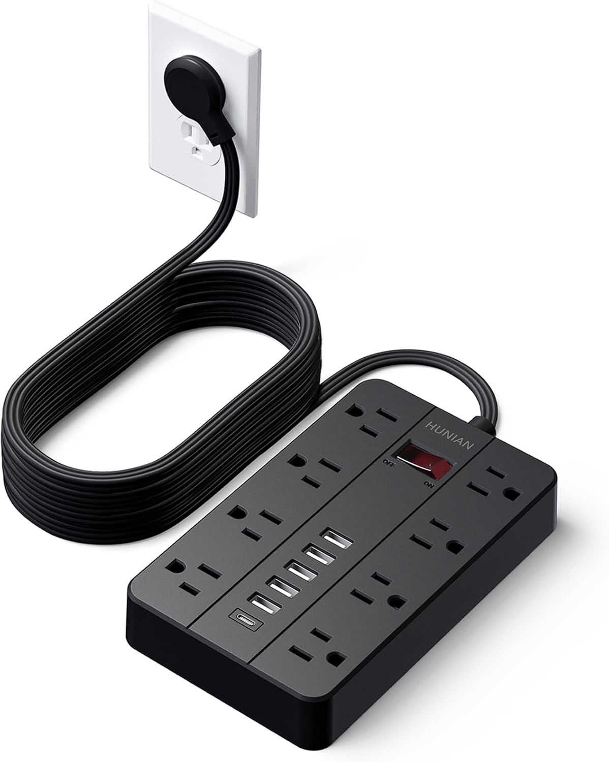 15 Ft Long Extension Cord Power Strip Surge Protector, HUNIAN Flat Plug with 8 Widely Spaced Outlets 6 USB, Wall Mount Charging Station for Home and Office, Black