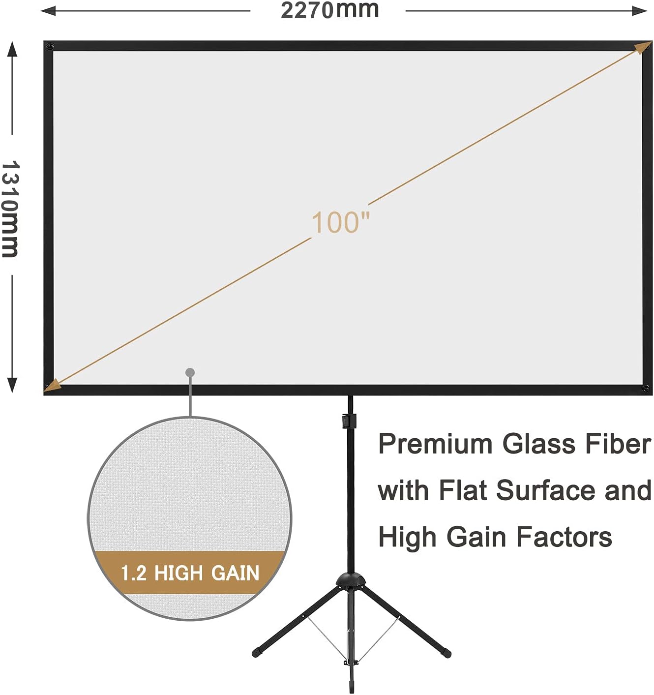 Projector Screen with Stand, 100 Inch Outdoor Projection Screen 16:9 and Tripod Stand, Portable Projector Screen, 1.2 Gain, Lightweight and Compact, Easy Setup, Idea for Home Cinema, Backyard Party.