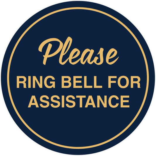 Signs ByLITA Circle Please Ring Bell For Assistance Wall or Door Sign | Easy Installation | Front Desk Reception Sign (Navy Blue/Gold) - X-large (10 Pack)