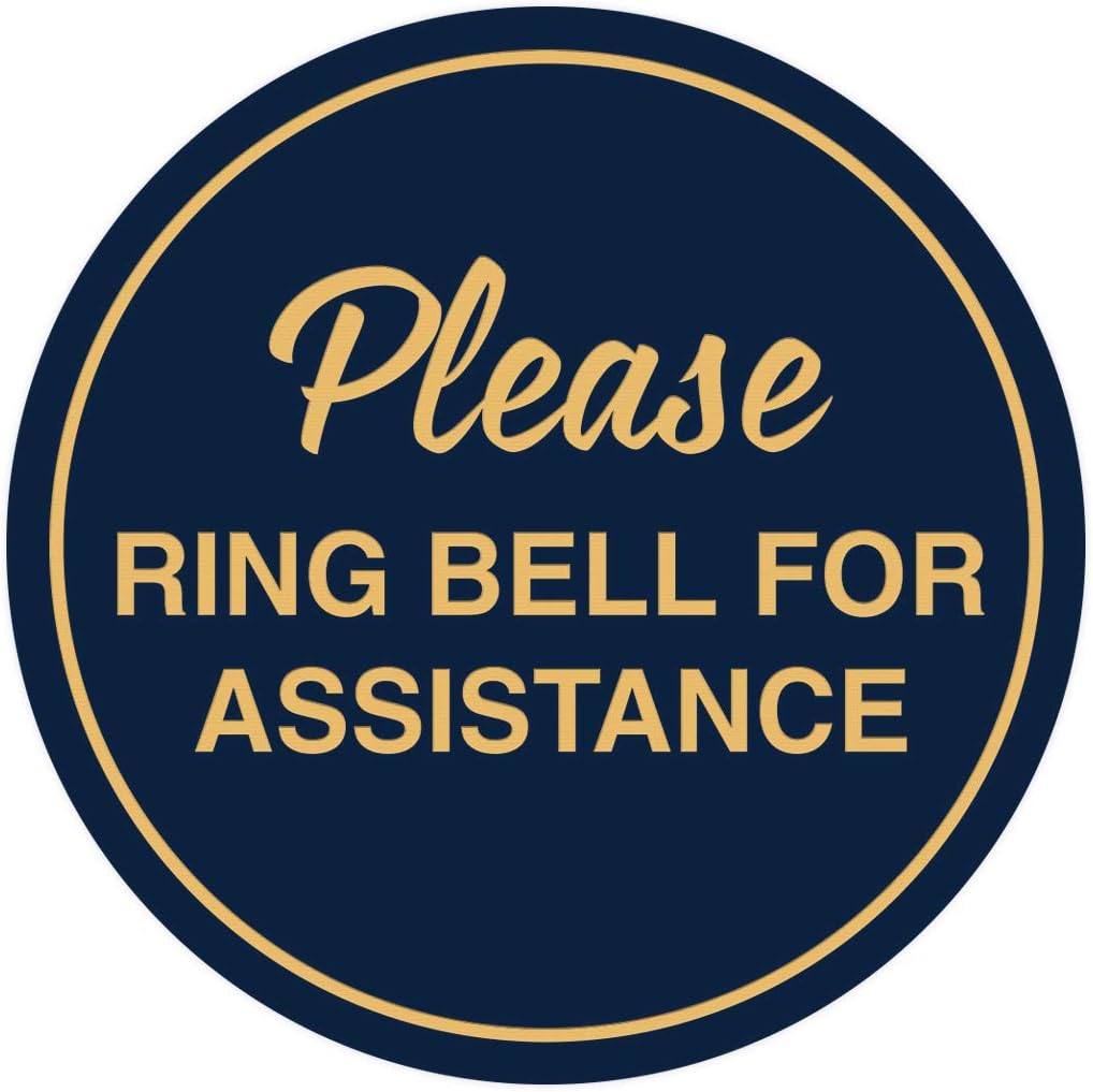 Signs ByLITA Circle Please Ring Bell For Assistance Wall or Door Sign | Easy Installation | Front Desk Reception Sign (Navy Blue/Gold) - X-large (2 Pack)