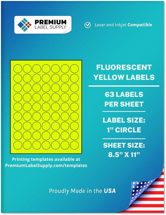 Premium Label Supply Bright Neon Color Fluorescent Sticker Labels - 1" Round Labels - (Fluorescent Yellow, 31,500 Labels)