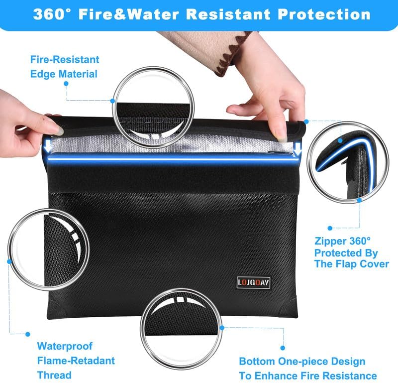 Fireproof Document Bag - with 5200°F Heat Insulated, Waterproof Fireproof Bag with Zipper, 8 Layers of Functional Materials, Fireproof Money Bag for Cash/Documents/Valuables, Fire bag 11"x7.7"