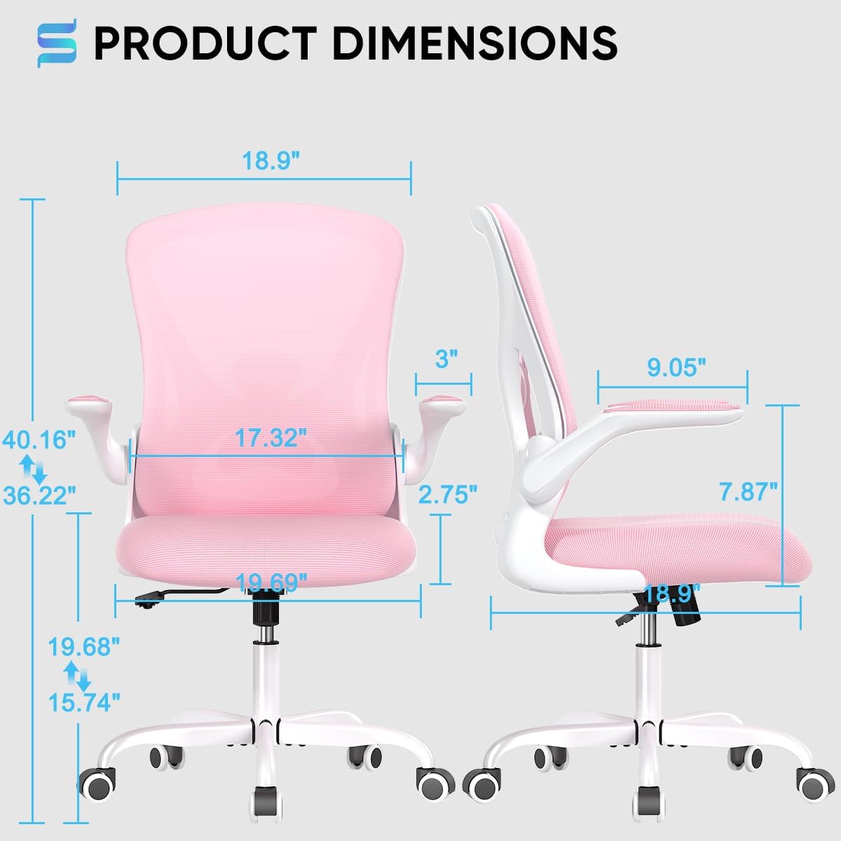 Sytas Ergonomic Desk Chair with Padded Flip up Arms and Supportive Lumbar Support, Breathable Mesh Home Office Chair with Comfortable Cushion for Home or Office(Pink)