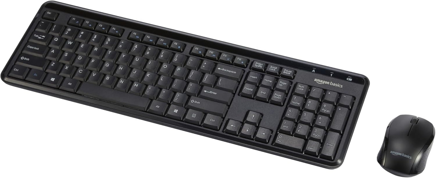 Amazon Basics 2.4GHz Wireless Keyboard and Mouse Combo, Quiet and Compact US Layout, Unifying USB Receiver, Black