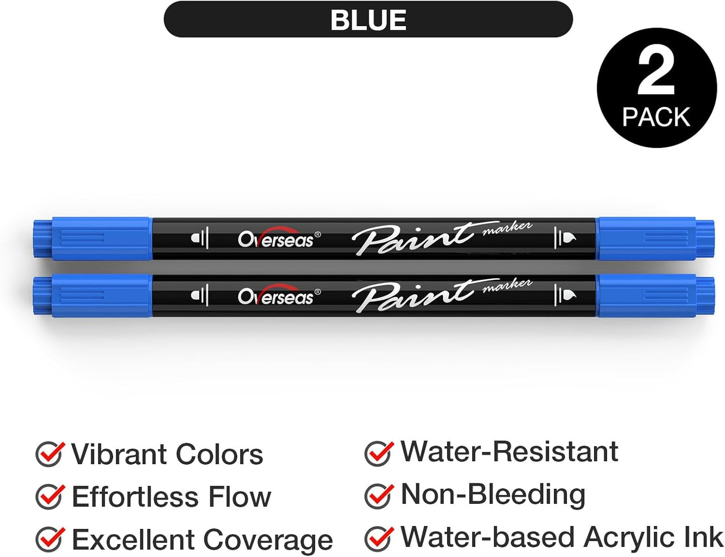 Overseas Blue Acrylic Paint Markers, 2 Pack Dual Tip Paint Pens Acrylic Markers with Dot and Brush Tip, Coloring Marker for Wood, Rock, Canvas, Glass, Metal, Ceramic, Plastic, Fabric, School Supplies