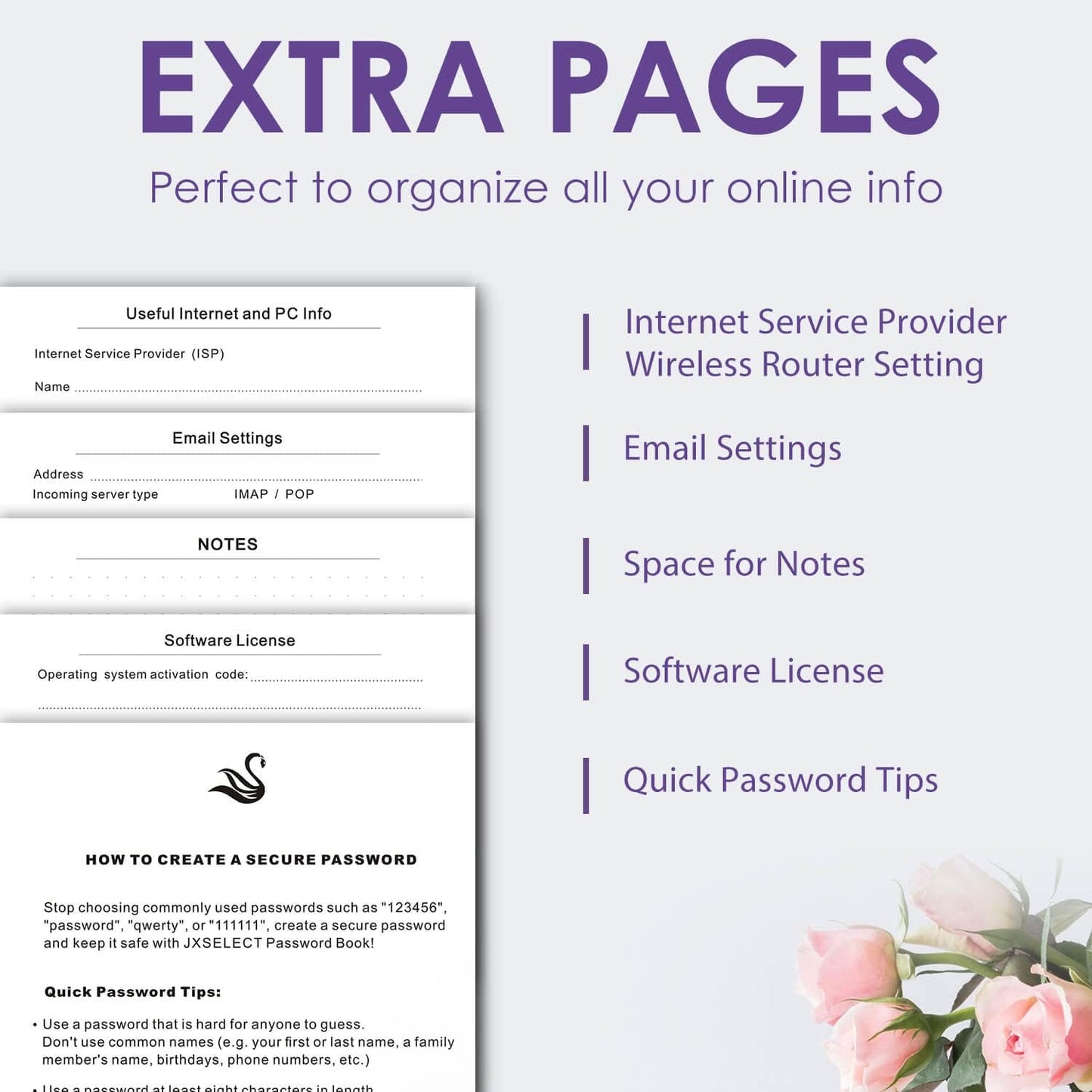 Elegant Password Book with Alphabetical Tabs - Hardcover Password Book for Internet Website Address Login - 5.2" x 7.6" Password Keeper and Organizer w/Notes Section & Back Pocket (Violet Purple)