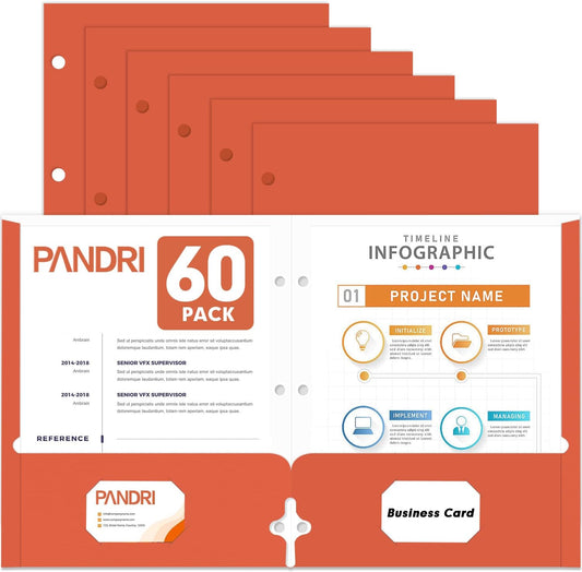 Two Pocket Portfolio Folders, PANDRI 60 Pack 3 Hole Punched 2 Pocket Folders for 3 Ring Binder, Letter Size Paper File Folder for School Office Home Business, Red