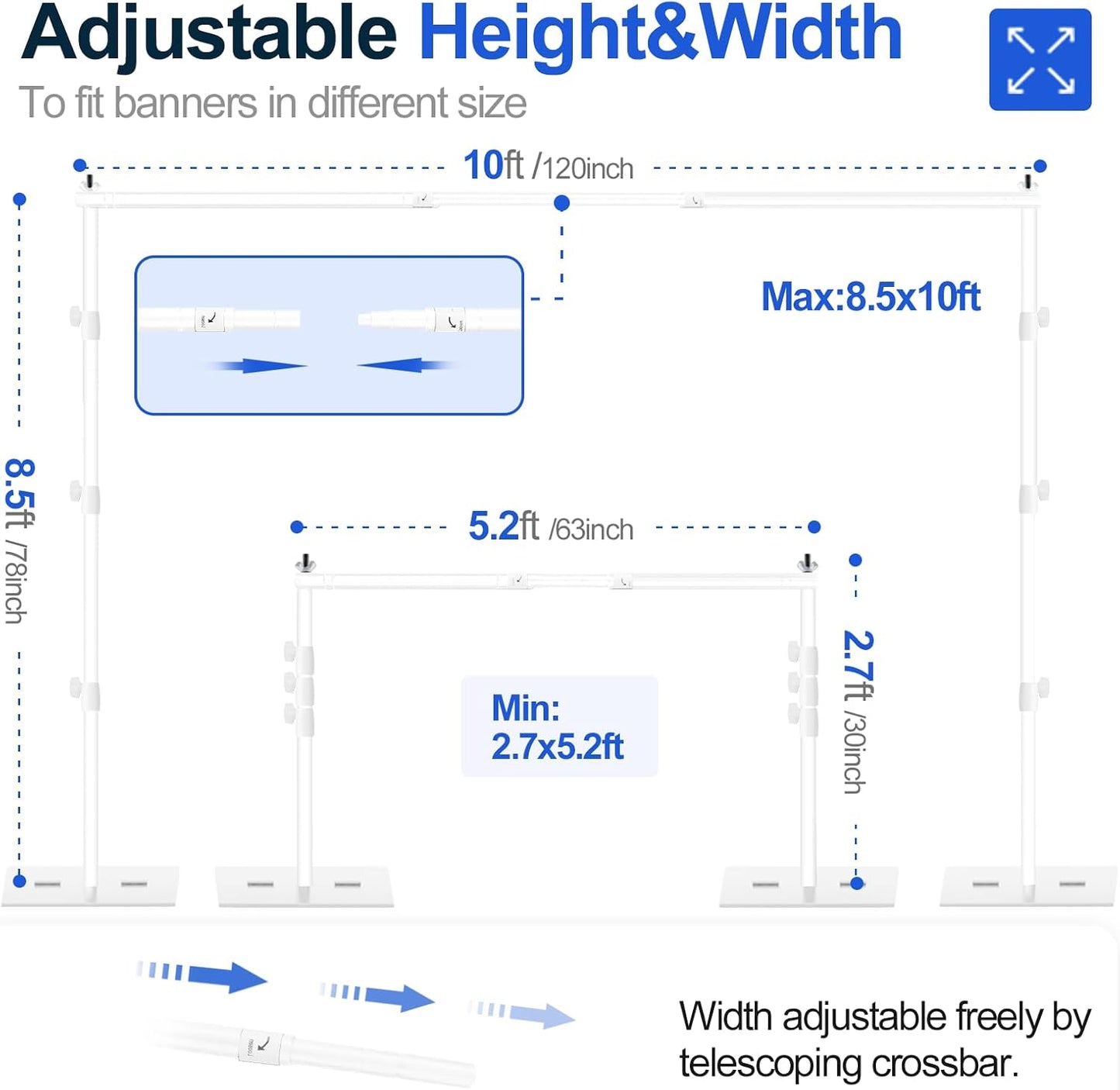 EMART Backdrop Stand, 8.5x10ft Width Adjustable Photography Background Support Poles with Heavy Duty Flat Base, Photo Metal Steel Pipe and Drape Frame Kit for Parties Birthday Wedding - White