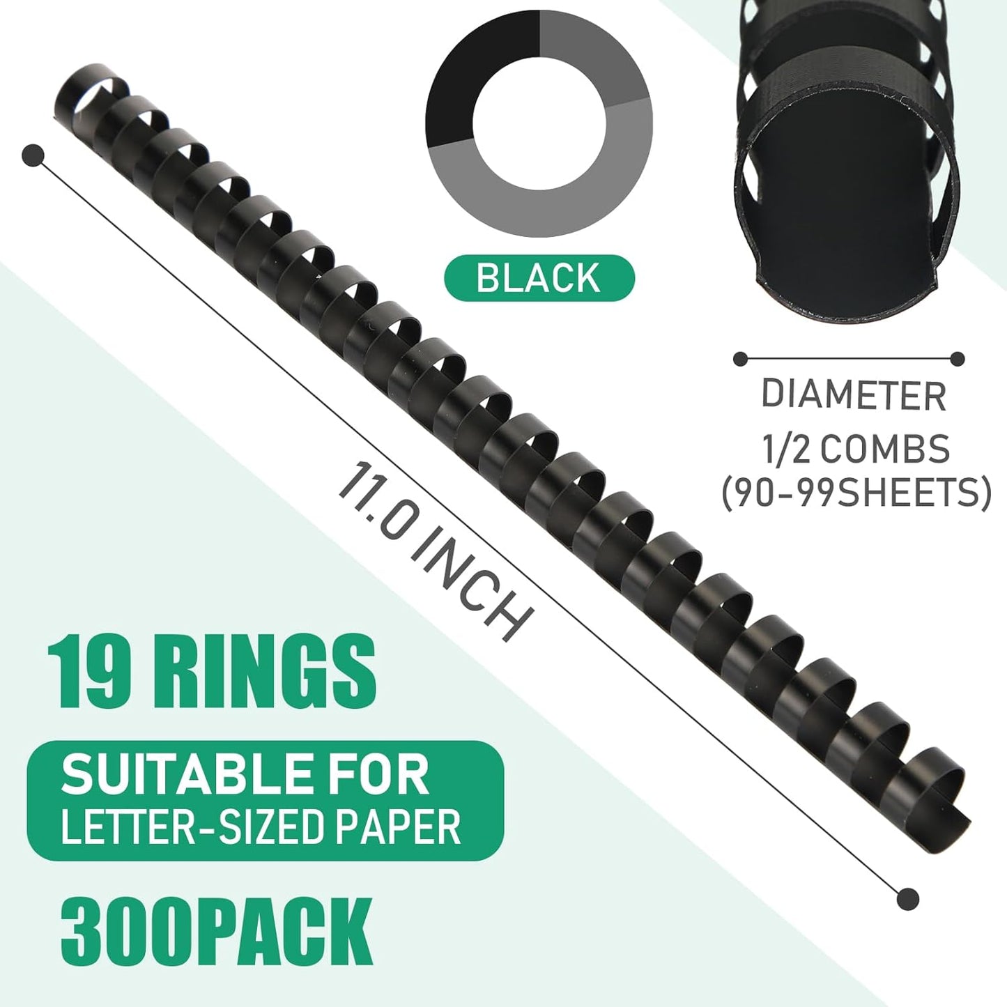 Maitys 300 Pcs Plastic Binding Combs Bulk 19 Ring Comb Spines Letter Size Spiral Binding for Notebook Calendar Picture(1/2 Inch,Black)