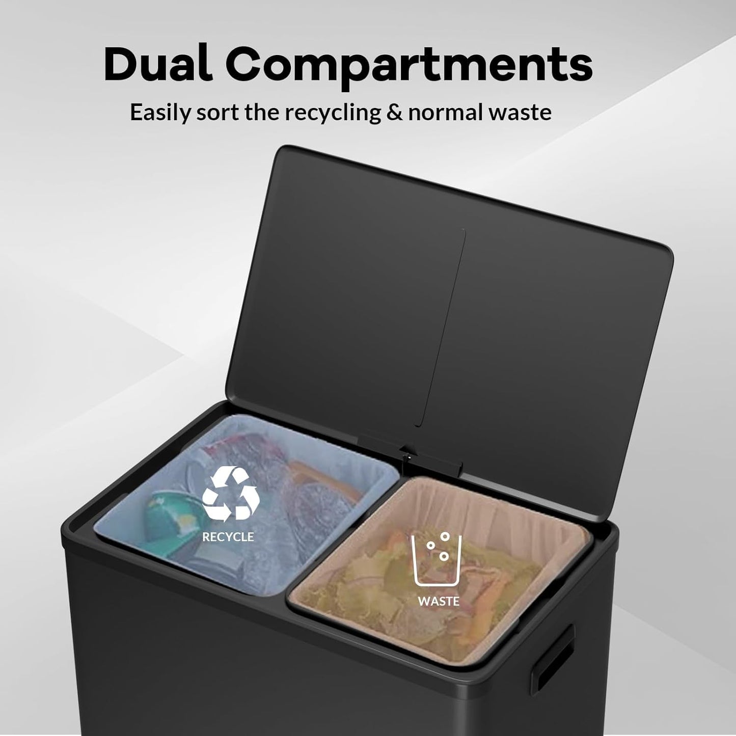 Dual Trash Can with Lid, 16 Gallon/60L Stainless Steel Recycling Trash Bin with 2 Removable Waste Buskets and Wide Pedal, Black Garbage Bin for Home Kitchen