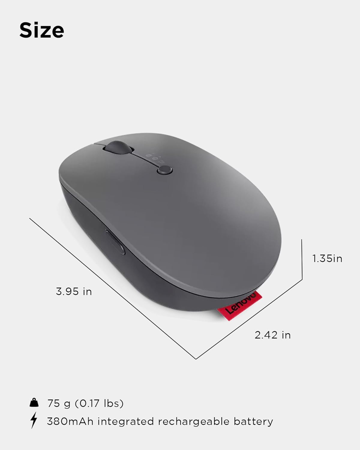 Lenovo Go Multi-Device Wireless Mouse, 2.4GHz Nano USB-C Receiver, Bluetooth, Adjustable DPI, USB-C Rechargeable Battery, Qi Wireless Charging, Ambidextrous, GY51C21211, Grey