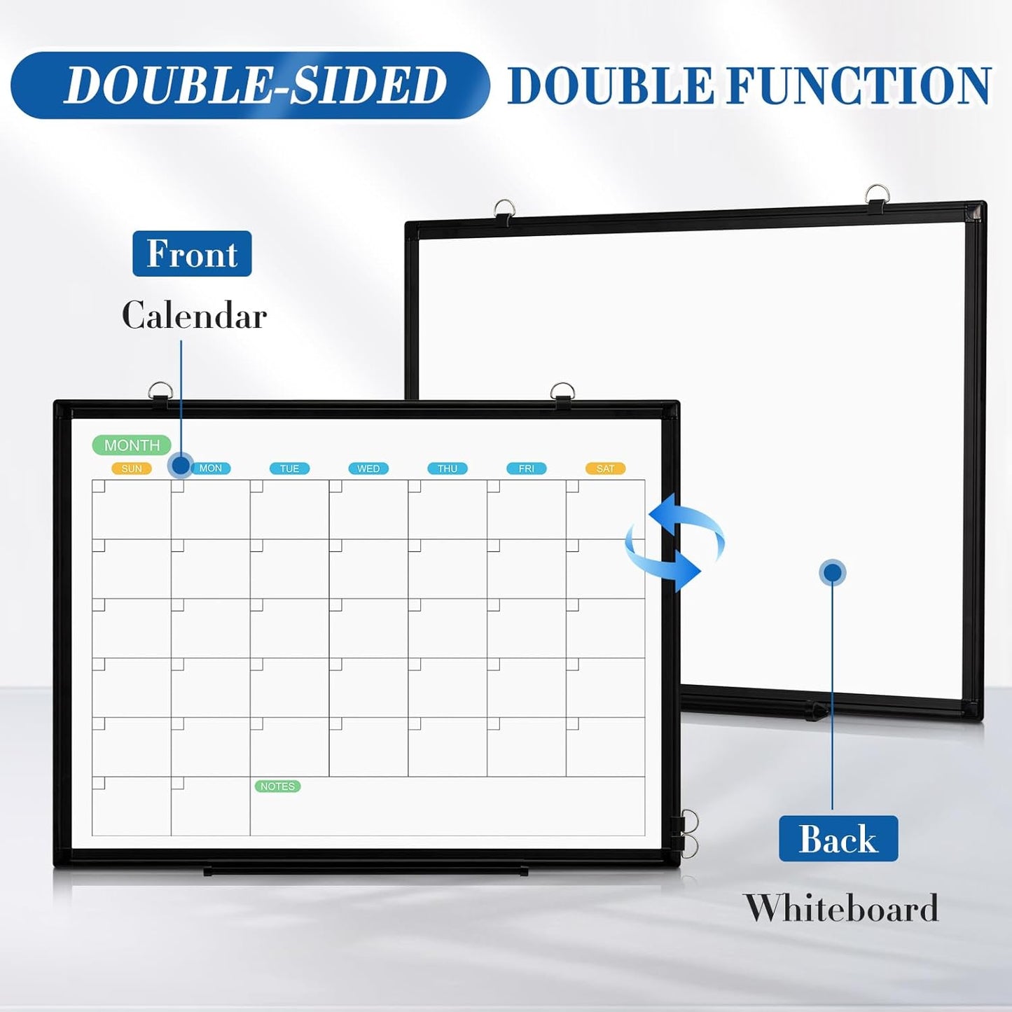 WALGLASS Dry Erase Calendar Whiteboard for Wall, 36" x 24" Double-Sided Monthly Calendar White Board with Black Aluminum Frame, Hanging or Wall Mount Whiteboard for Home, Office, School