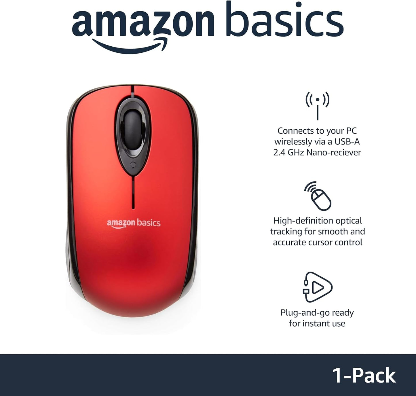 Amazon Basics 2.4 GHz Optical Wireless Mouse for Laptop and Computer, USB Nano Receiver, Red