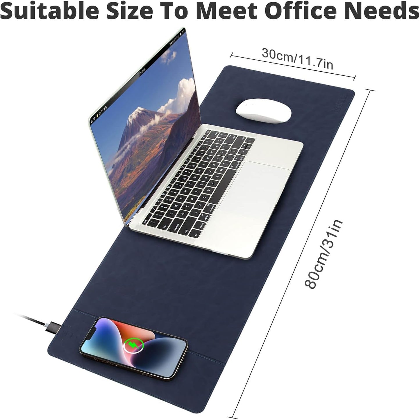 Magnetic Wireless Charging Desk Mat, 31"x11.7" Mouse Pad with Ultra-Smooth Surface, Microfiber Leather Office Mouse Mat, Waterproof Extended Computer Keyboard Desk Mat for Office & Home, Laptop, Blue