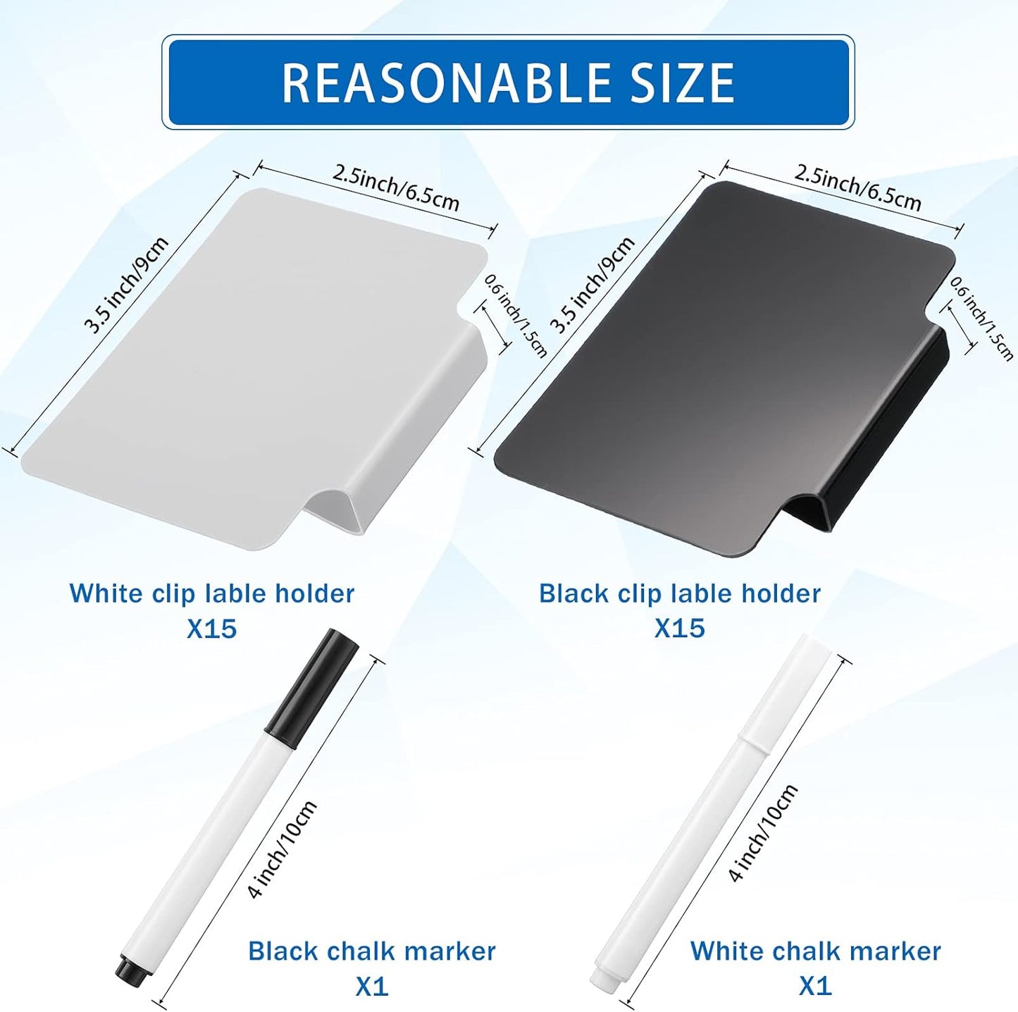 32 Pieces Basket Labels Clip Set, Include 30 Kitchen Clip Label Holder Removable PVC Bin with 2 Chalk Marker for Basket Pantry Organization Box (White and Black Label Clip, White and Black Pen)