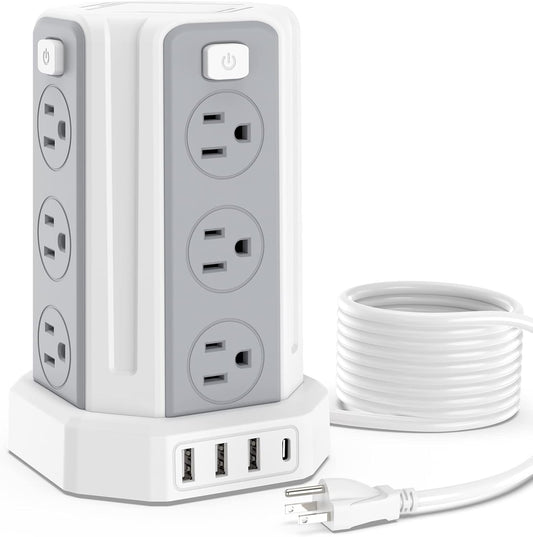 Power Strip Surge Protector, 10 Ft Extension Cord with 12 AC Multiple Outlets 4 USB (1 USB C), SMALLRT Power Tower Desktop Charging Station (White, 10 FT PD20W)