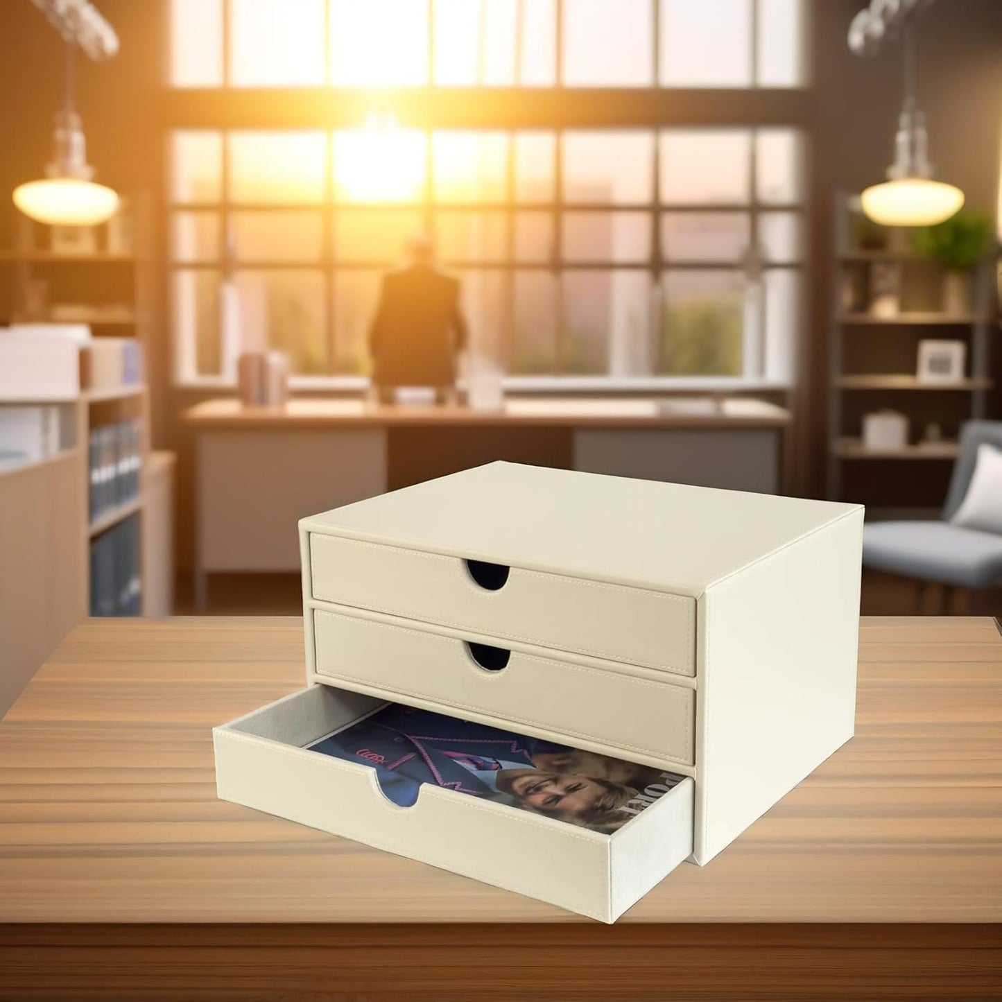 UnionBasic Document Organizer, 3-Drawer File Cabinet Document Storage Box, Office Desktop Filing Organizer, Seashell