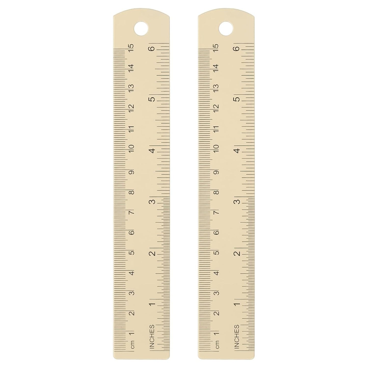 HARFINGTON 2pcs Metal Straight Ruler 15cm Metric SAE Aluminum Alloy Measuring Rulers Scale Tool with Hole for Measure Study Reading Classroom Office, Beige