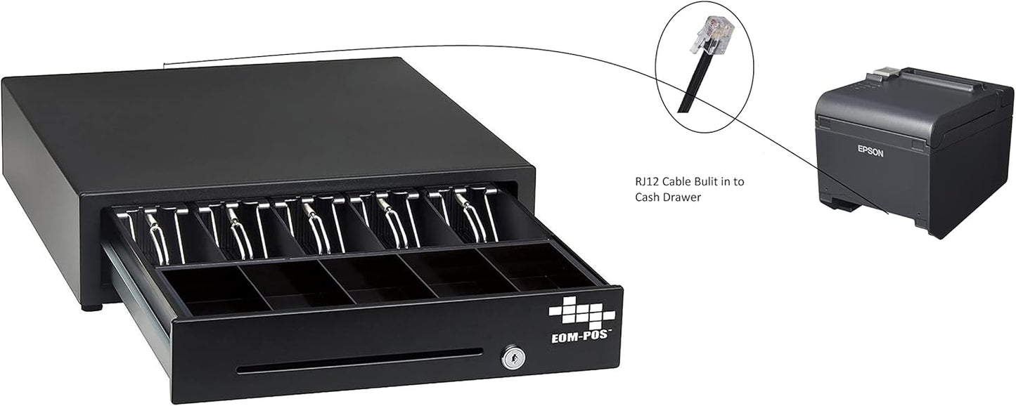 Cash Register Money Drawer + Mounting Brackets for Under Counter Installation. Built in Cable to Connect to Printer. Compatible with Square [Receipt Printer Required](Printer Driven)