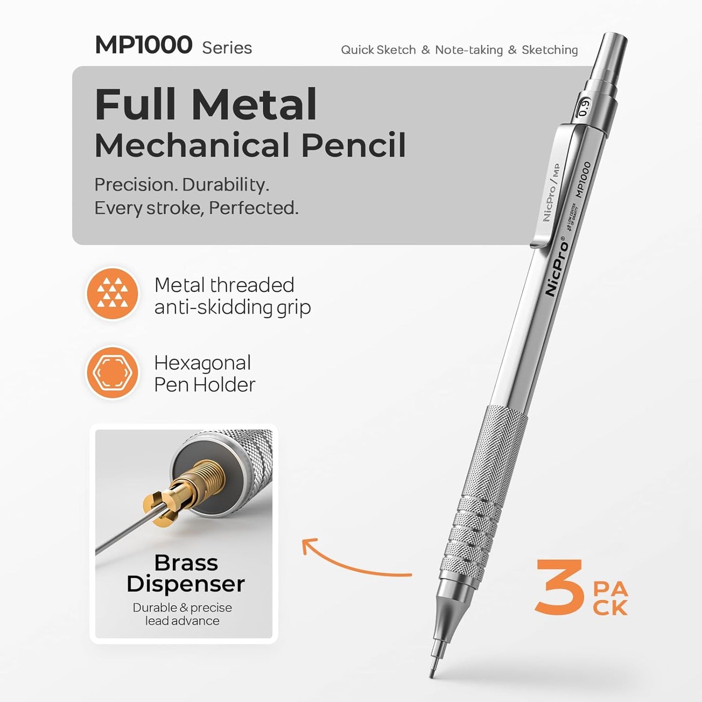 Nicpro 0.9 mm Metal Mechanical Pencil Set with Case, with 3PCS MP1000 0.9mm Drafting Pencil, 8 Tubes HB Lead Refills, 3PCS Eraser, Erasers Refills for Artist Writing, Drawing, Sketching, Silver