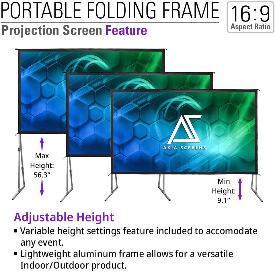 Akia Screens 145 inch Portable Outdoor Projector Screen with Stand and Bag 16:9 8K 4K Ultra HD 3D Adjustable Height Foldable Projection Screen Silver for Movie Video Home Theater AK-OS145H1
