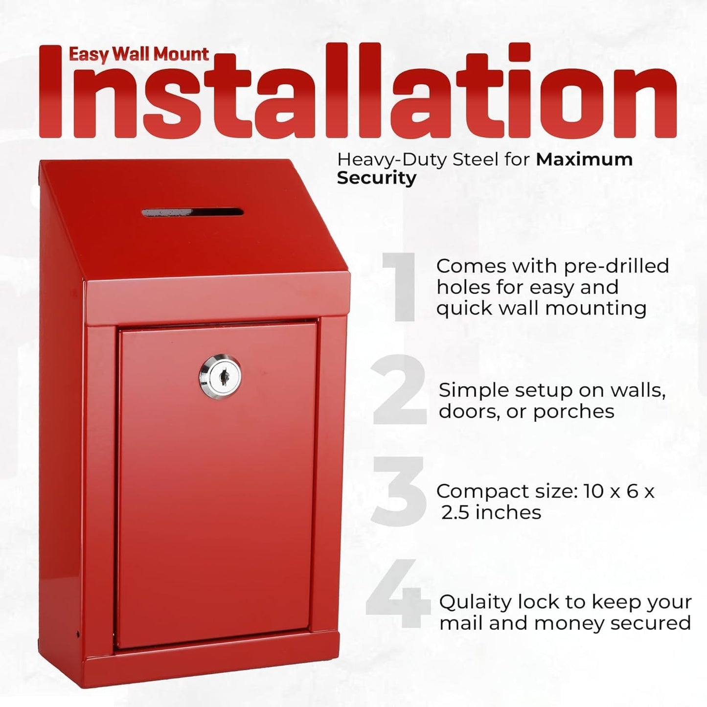 Metal Donation Box-Suggestion Box with Slot and lock-Cash Lock box for Money-Drop Box-outdoor waterproof mailbox and ballot box-comes with pre-drilled holes for easy wall mounting 10 X 6 X 2.5"(Red)