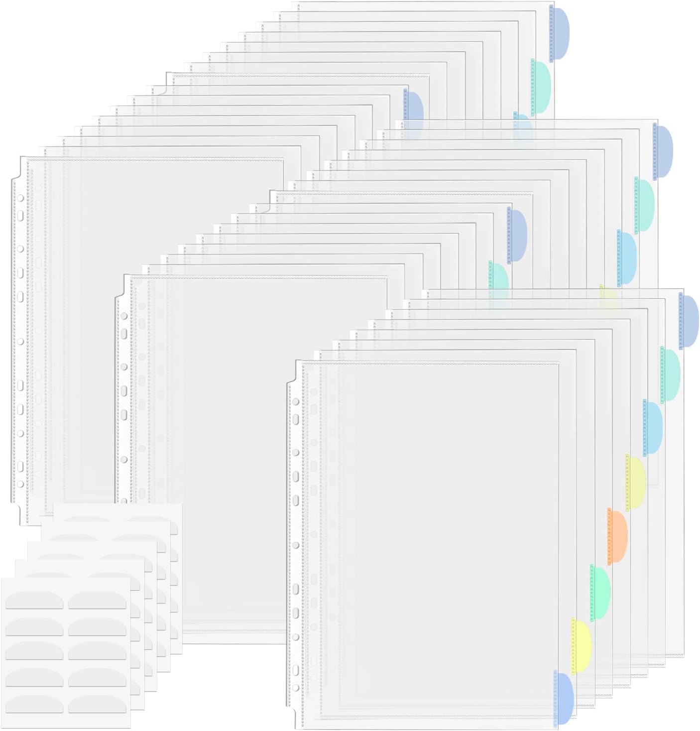 5 Set of 40 Pack A4 Plastic Sleeves Binder Index Dividers Pocket Dividers for 2/3/4 Ring Binder with 8 Tabs，Clear Plastic Sheet Protectors Paper Organizer for School Home Office