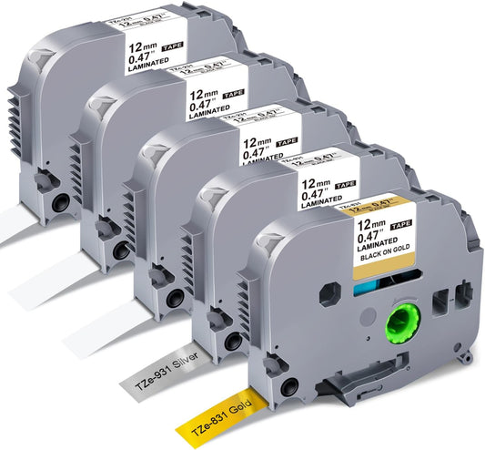 5-Pack Label Maker Tape 12mm 0.47 Inch Laminated White/Gold/Silver Muti-Color Replace for Brother TZe TZ Tape TZe-231 TZe-831 TZe-931 Compatible with Brother P-Touch PT- D210 D220 H110 D400AD