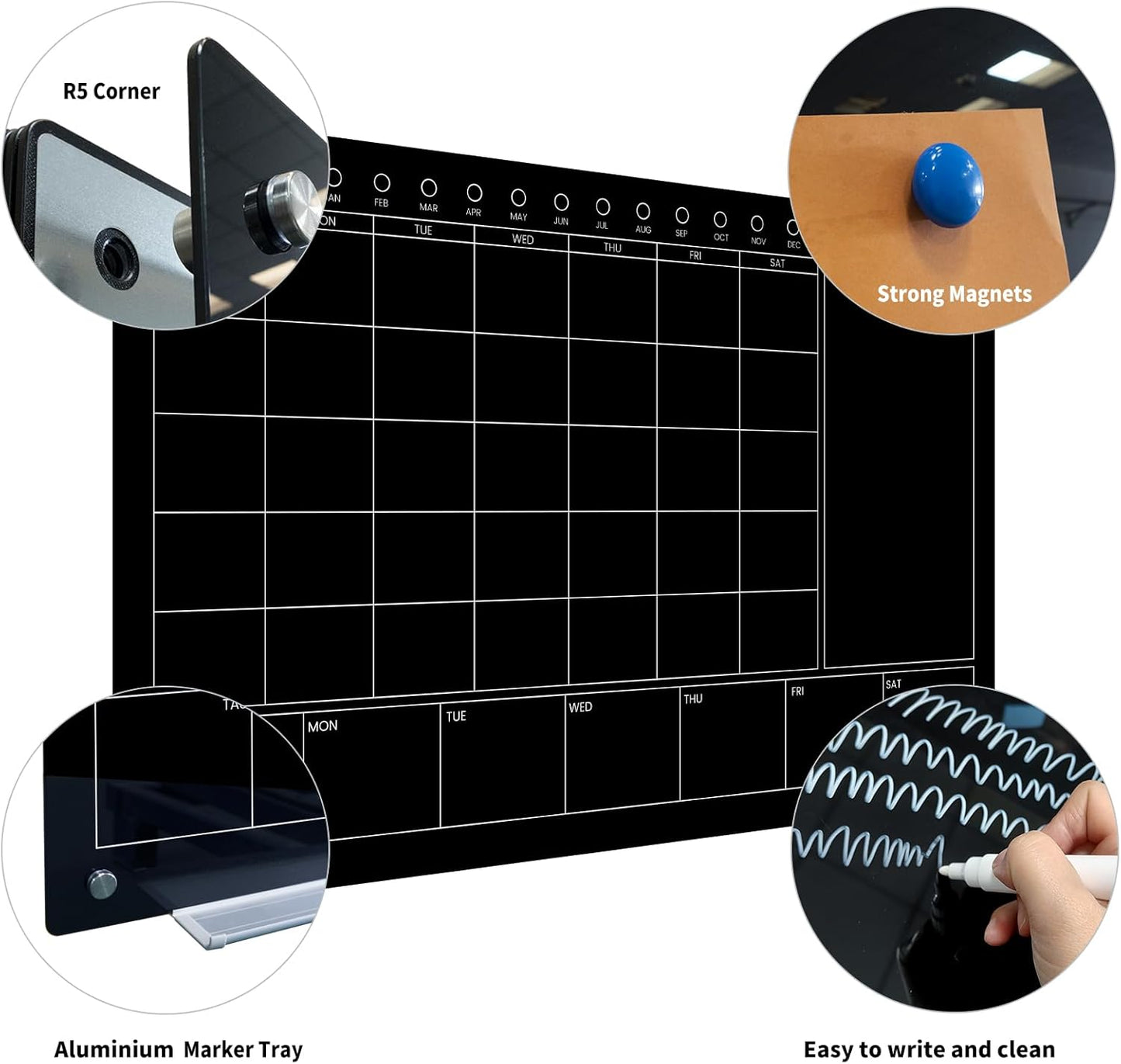 Magnetic Glass Whiteboard 36X24 Monthly Planner Calendar Dry Erase Board for Home, School, Office, Frameless, with Markers, Marker Tray, Eraser, Magnets (Black)