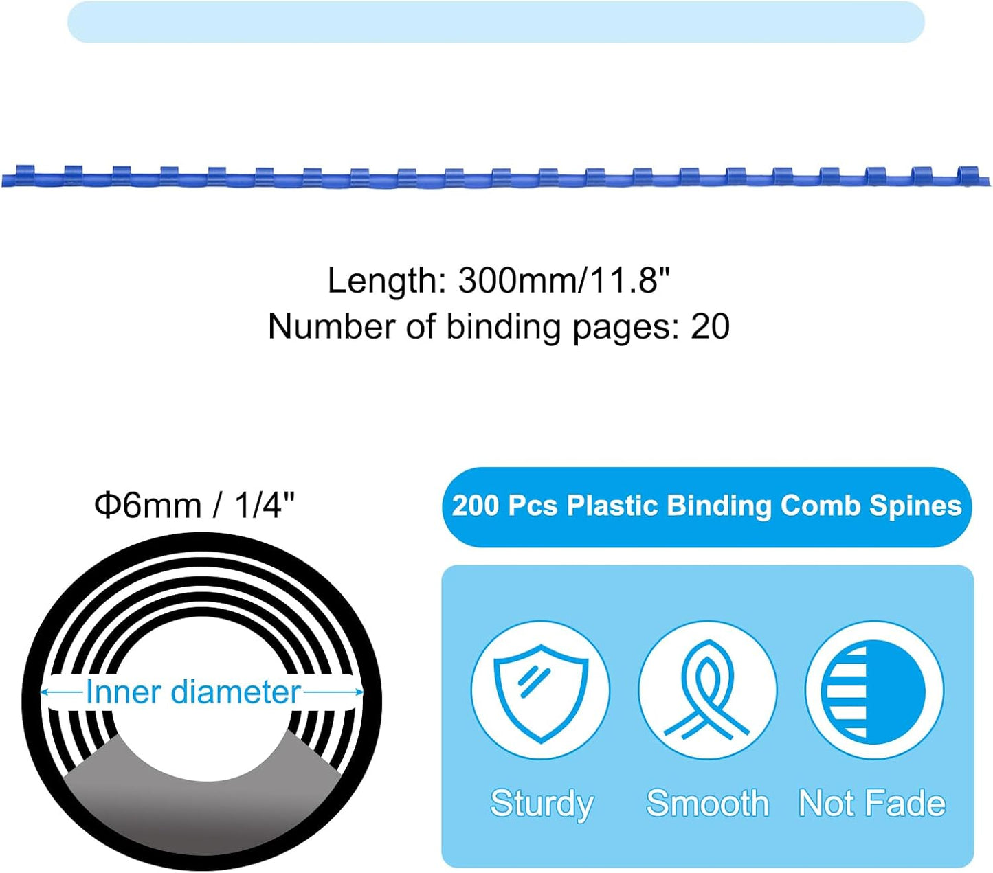 PATIKIL 6mm (1/4") Plastic Binding Combs, 200 Pcs 21 Rings Comb Binding Spines 20 Sheet Capacity Letter Size for Binding Paper Sheets Notebook Calendar Picture Album, Blue